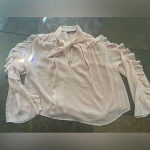 Zara Blush Pink sheer lined ruffled Coquette Style Blouse Size large. Neck tie